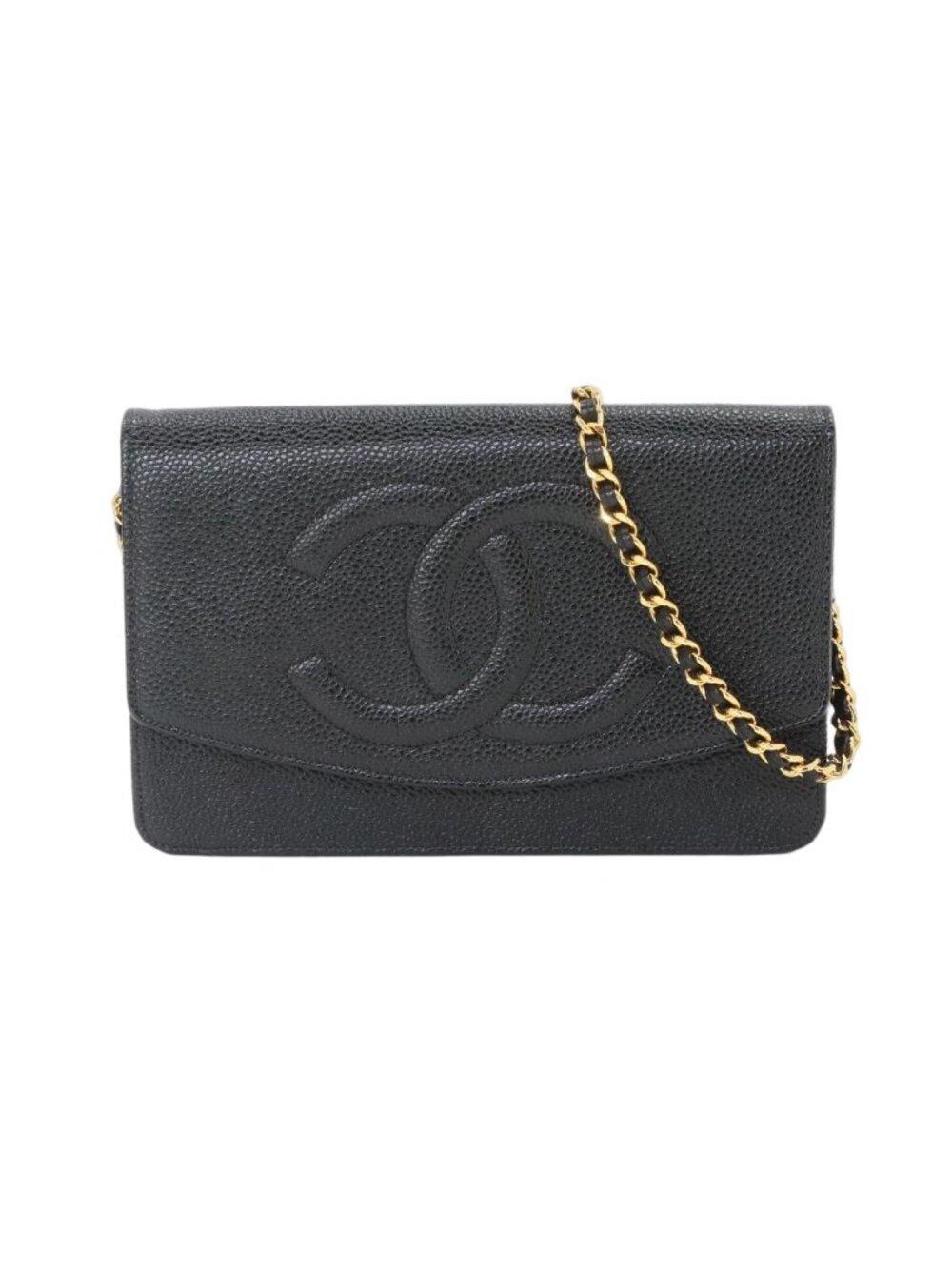 Chanel Caviar Leather Chain Wallet Black CC Logo Gold Shoulder